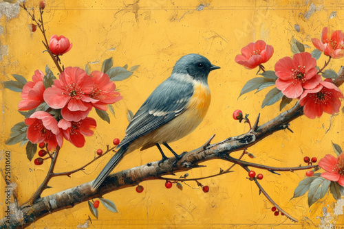 chinoiserie design with birds and flowers on a mustard yellow background in the style of de Gournay. photo