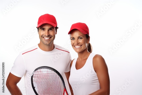 Smiling tennis team, sporty man and woman, tennis activity, sports, players, couple, activity, red cap, white background, generative AI, JPG