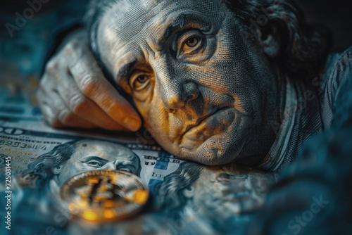 Creatively altered $100 bill with Benjamin Franklin and Bitcoin photo