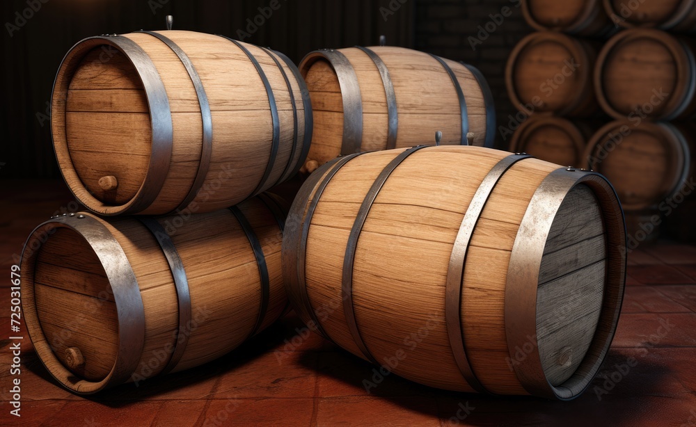 Vintage oak barrels resting in the dimly lit wine cellar, evoking the timeless charm of the winery's storage.