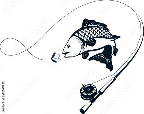 Fish silhouette and fishing rod with bait. Symbol for fishing and sea food