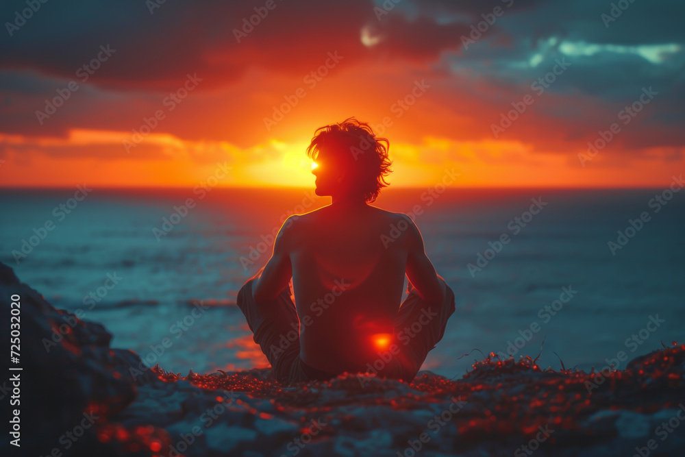 A candid shot of a person lost in thought while gazing at a sunset, reflecting the authentic moments of introspection and solitude. Concept of genuine self-reflection. Generative Ai. - obrazy, fototapety, plakaty 