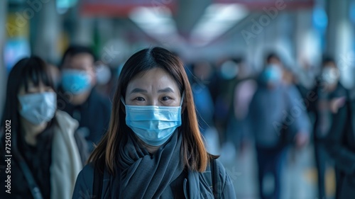 Focused woman wearing a blue mask with blurred crowd in background