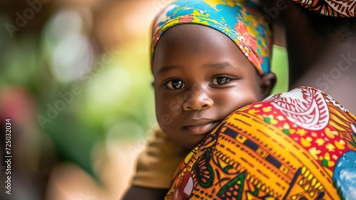 African child peeks over a mother's shoulder, feeling the comfort of a warm embrace photo