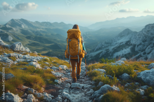 An image of a backpacker embracing the challenges of a rugged trail, embodying the authenticity of adventurous exploration. Concept of genuine outdoor discovery. Generative Ai.