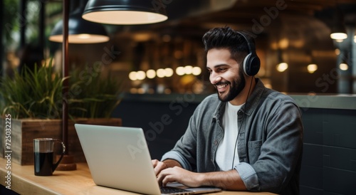 Young Man Enjoying Music on Headphones While Working. Casual man in headphones works on laptop in a cozy evening café.