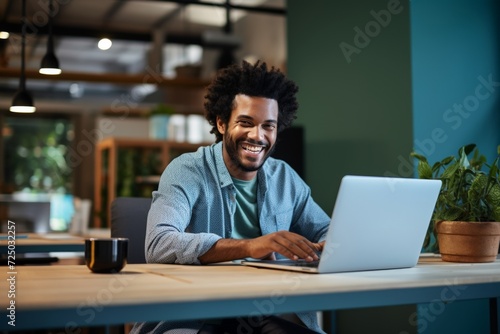 Happy Freelancer with Laptop Enjoying Productive Day. Freelancer smiling while typing on a laptop in a creative workspace with cozy ambiance.