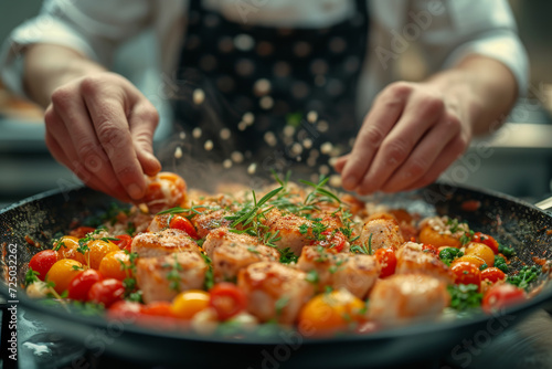 A close-up of a chef's hands meticulously preparing a dish, revealing the authenticity and passion behind culinary craftsmanship. Concept of genuine culinary artistry. Generative Ai.