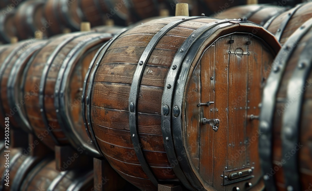 A glimpse into the winery's storage area reveals the rustic beauty of old brown oak casks nestled in the dark cellar.