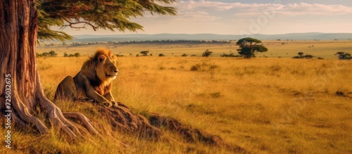 A lion watching its prey in the savanna grassland photo