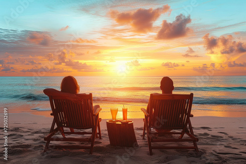 happy couple on beach chairs with a side table with cocktails enjoy luxurious sunset on the beach during summer vacations.