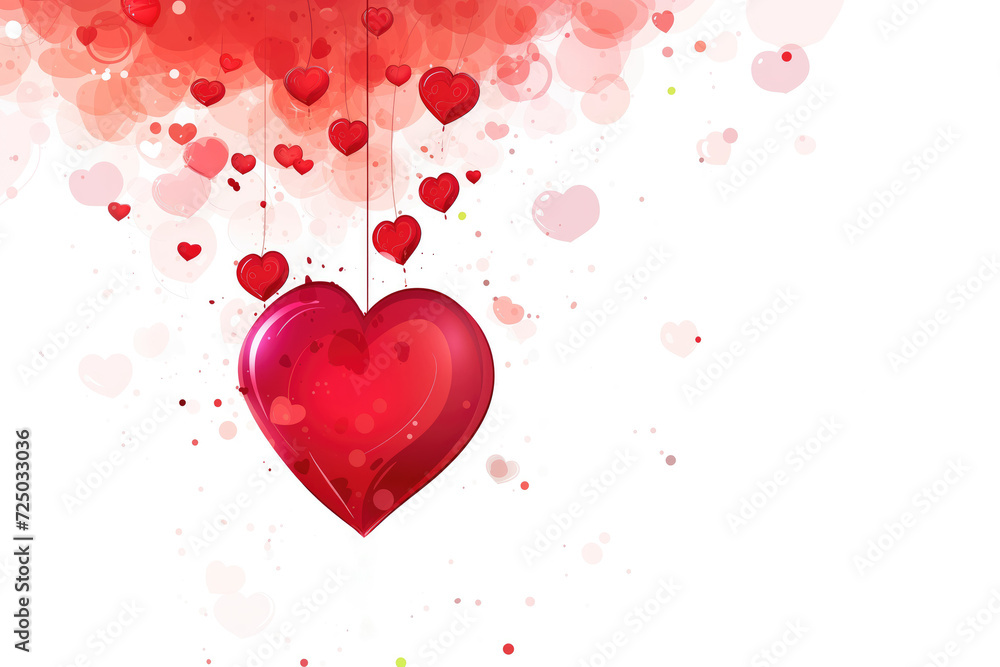 A large red heart hangs among a cluster of floating hearts of various sizes on a whimsical and dreamy red-hued background with light speckles.