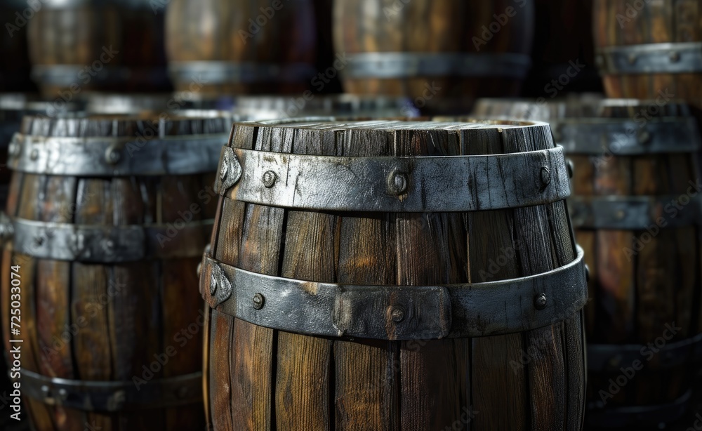 A glimpse into the winery's storage area reveals the rustic beauty of old brown oak casks nestled in the dark cellar. A glimpse into the winery's storage area reveals the rustic beauty of old brown oak casks nestled in the dark cellar.