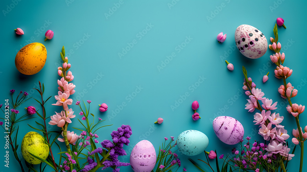 Blue Background With Easter Eggs and Flowers Blue Background With Easter Eggs and Flowers