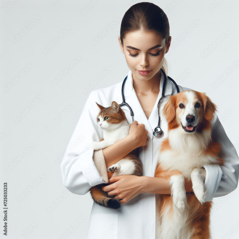 veterinary woman, Young happy nurse smiling while playing with pet, professional veterinarian vet clinic professional doctor nurse medical veterinary worker, girl, female, woman, isolated background.
