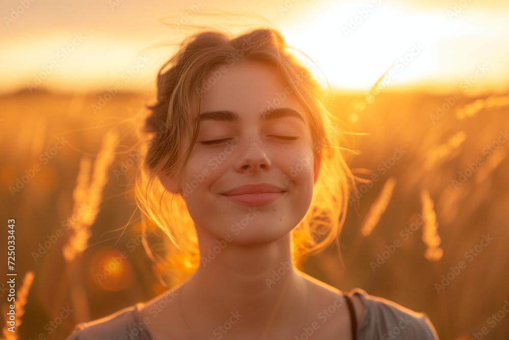 A Backlit Portrait Capturing the Calm, Happy Smile of a Free-Spirited Woman, Eyes Closed, Embracing the Beauty of Life in the Fields as the Sun Sets A Backlit Portrait Capturing the Calm, Happy Smile of a Free-Spirited Woman, Eyes Closed, Embracing the Beauty of Life in the Fields as the Sun Sets