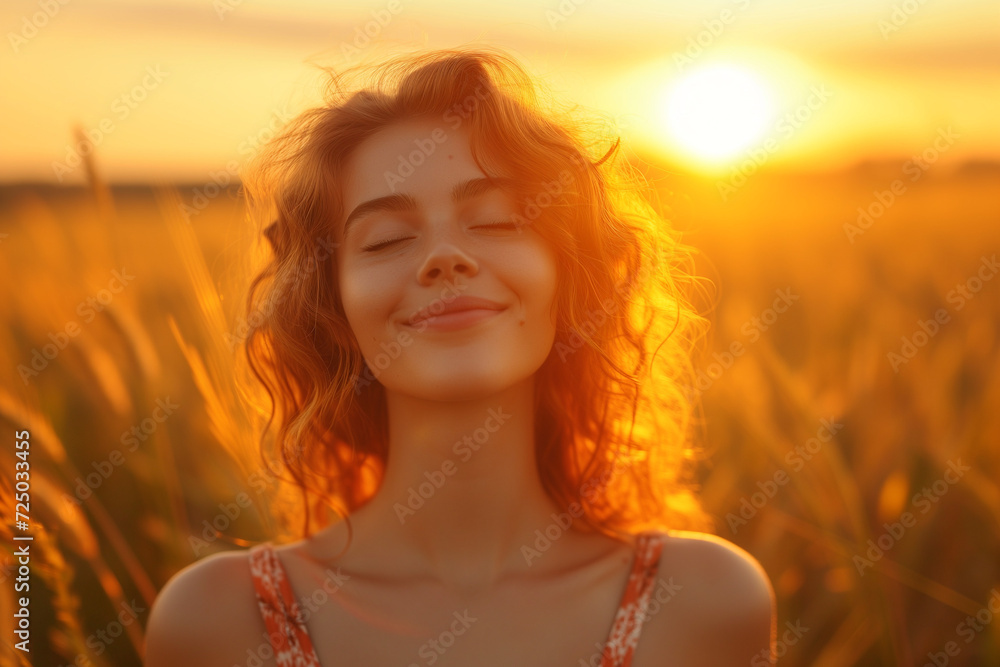 A Backlit Portrait Capturing the Calm, Happy Smile of a Free-Spirited Woman, Eyes Closed, Embracing the Beauty of Life in the Fields as the Sun Sets