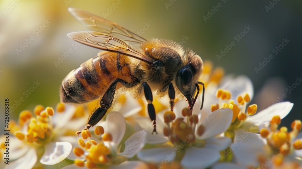 Close-up of a bee on a flower, collecting nectar, greeting card with copy space. Close-up of a bee on a flower, collecting nectar, greeting card with copy space.