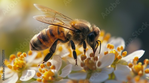 Close-up of a bee on a flower, collecting nectar, greeting card with copy space.
