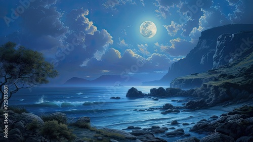 a seaside landscape under the luminous glow of a full moon  with the vast expanse of the sea stretching out to meet the horizon.