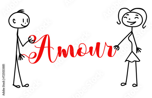 stylized man and woman united by a red thread that forms the written word Amour - vector graphics Valentine's Day, engagement, wedding, love - stickman