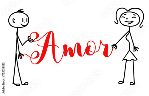 stylized man and woman united by a red thread that forms the written word Amor - vector graphics Valentine's Day, engagement, wedding, love - stickman