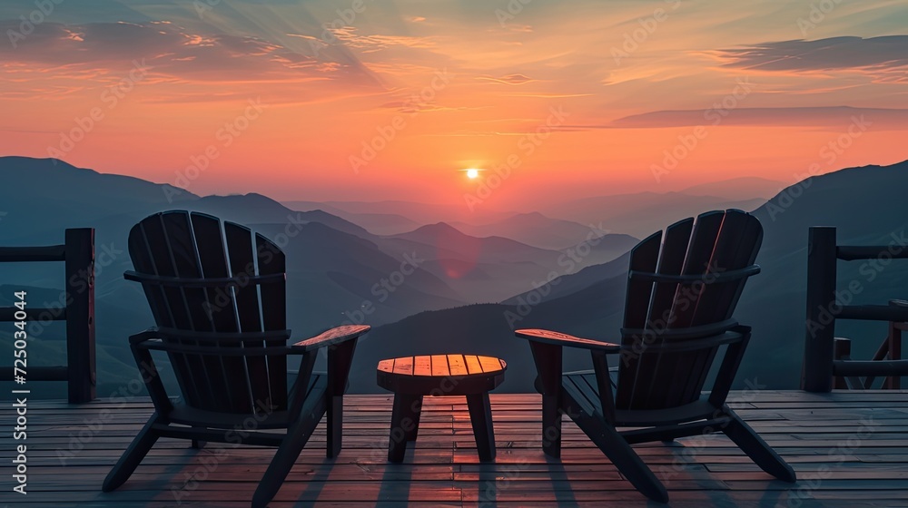 a rustic cabin terrace adorned with sleek black wooden chairs, overlooking a majestic mountain landscape bathed in the warm hues of a vibrant sunset, evoking a sense of tranquility and serenity. a rustic cabin terrace adorned with sleek black wooden chairs, overlooking a majestic mountain landscape bathed in the warm hues of a vibrant sunset, evoking a sense of tranquility and serenity.