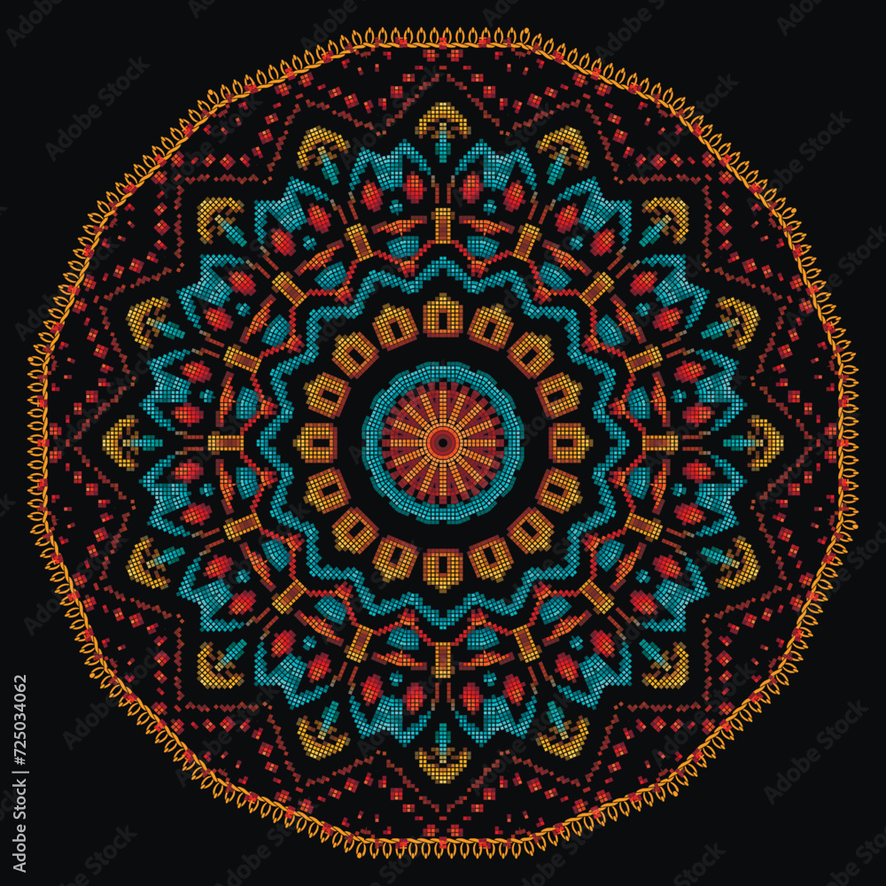 Embroidery tribal ethnic pixel art mosaic squares round mandala pattern. Colorful tapestry zigzag ornament. Ornate decorative design. Beautiful textured ornament. Grunge patterned embroidered texture