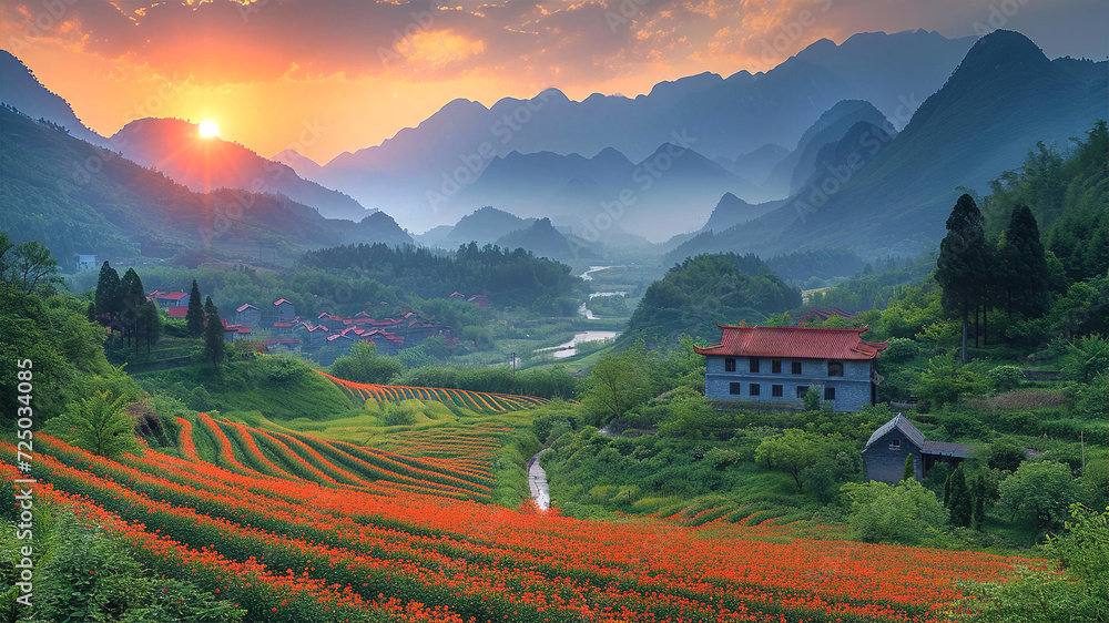 Beautiful landscape of China rural countryside with rive and traditional houses at sunset