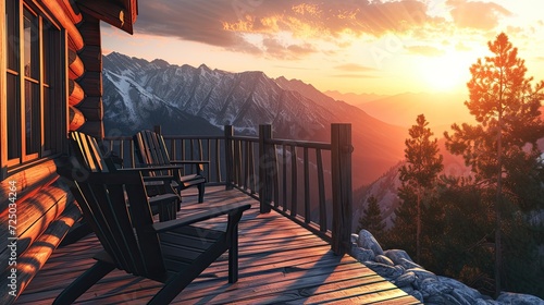 a rustic cabin terrace adorned with sleek black wooden chairs, overlooking a majestic mountain landscape bathed in the warm hues of a vibrant sunset, evoking a sense of tranquility and serenity.