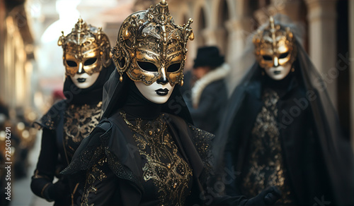 Women are wearing Venetian beautiful mask and costume in evening at carnival event. 