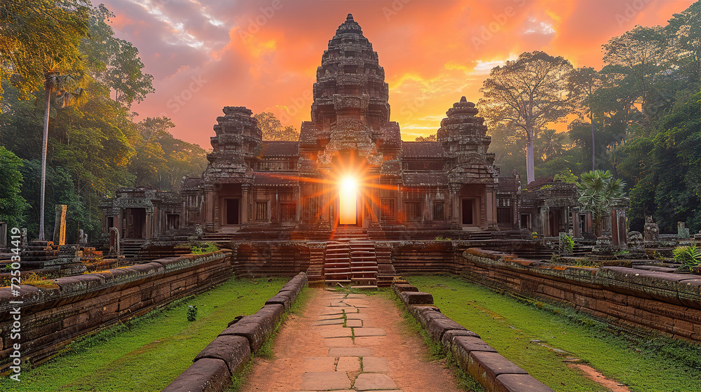 Ancient temple inspired by cambodian Buddhist architecture at sunset - obrazy, fototapety, plakaty 