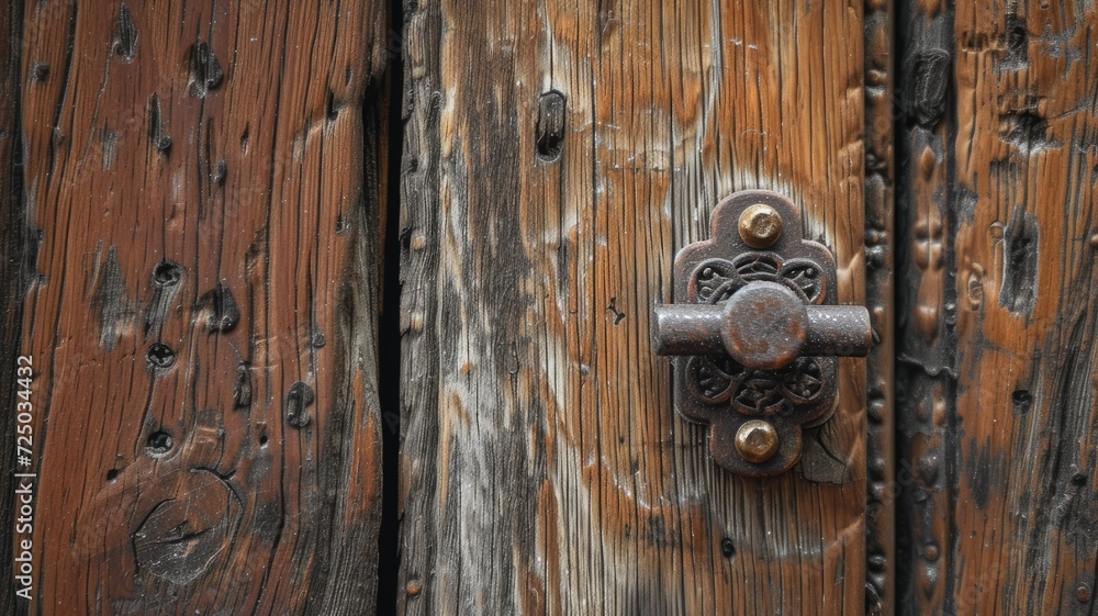 an aged wooden door, focusing on the rustic beauty of its textured surface and the character imbued by the vintage metal handle in a compelling close-up shot. an aged wooden door, focusing on the rustic beauty of its textured surface and the character imbued by the vintage metal handle in a compelling close-up shot.