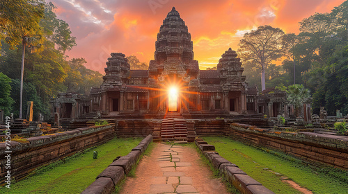 Ancient temple inspired by cambodian Buddhist architecture at sunset photo
