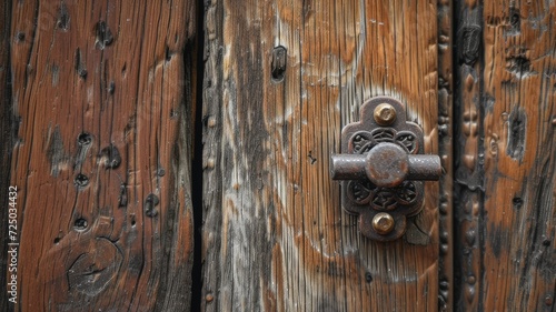 an aged wooden door, focusing on the rustic beauty of its textured surface and the character imbued by the vintage metal handle in a compelling close-up shot.