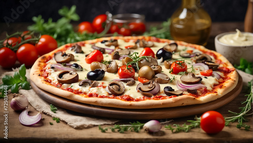 Delicious appetizing pizza with champignons on the table dinner
