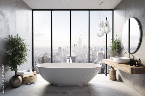 Interior of a contemporary bathroom with a city view and a blank wall poster. Concept for design and style. a mockup