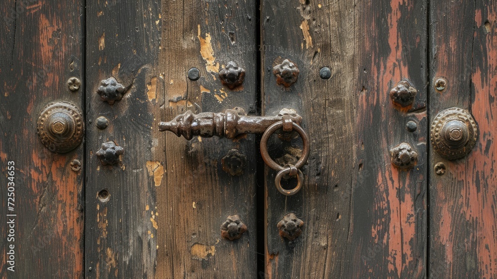 an aged wooden door, focusing on the rustic beauty of its textured surface and the character imbued by the vintage metal handle in a compelling close-up shot. an aged wooden door, focusing on the rustic beauty of its textured surface and the character imbued by the vintage metal handle in a compelling close-up shot.
