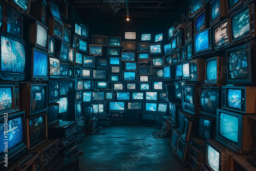 A Dark Room Filled with Numerous TV Screens - Depicting Television Addiction, the Manipulation of People through Mass Media, and the Pervasive Consumption of Entertainment and Streaming Content