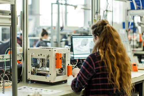 A 3D printing prototype factory, advanced 3D printers, design software, and material storage. Workers create prototypes by programming printers.