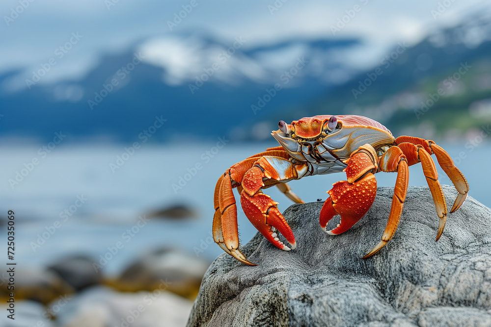 A Red Crab Perched on a Stone Against a Backdrop of Sea and Majestic Mountains - A Picture Capturing the Essence of Coastal Life A Red Crab Perched on a Stone Against a Backdrop of Sea and Majestic Mountains - A Picture Capturing the Essence of Coastal Life