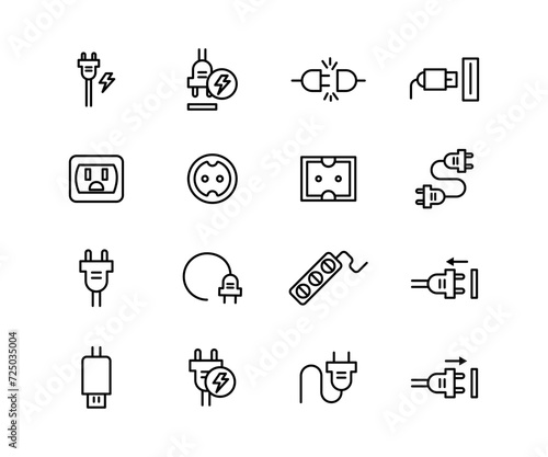Vector black line icon set plug connection. Symbol cable technology power connect computer and cord equipment. Network device pictogram switch and collection mains outlet hardware