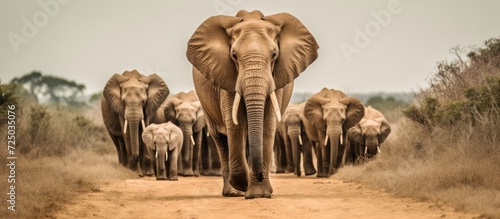 a herd of elephants walking in the middle of the savanna © kucret
