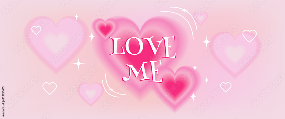Happy Valentine's Day background with y2k gradient. Template design with 3D hearts on the theme of the 90s, 2000s. Trendy pink banner in the style of 00s aesthetics. Vector illustration.
