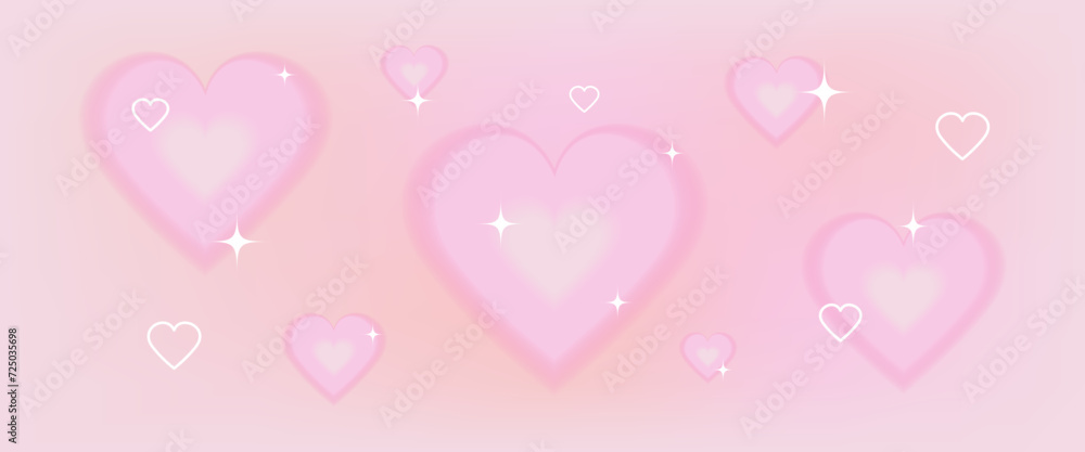 Year 2000 gradient background template with cute pink hearts. Fashionable 3D Valentine's Day design in y2k aesthetics. Pale pink yellow colors. Vector illustration.
