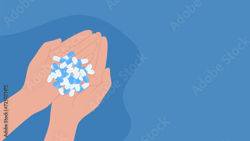Hands with a pile of white and blue pills in the palms, top view. Flat vector illustration with copy space