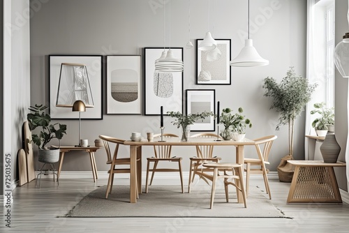 Elegant Scandinavian interior design of living room with design wooden chairs, dining table, plants, accessories, and gallery wall with mock up posters. gray walls as a backdrop modern interior design