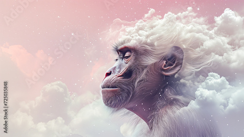 A thoughtful baboon monkey with a snowy white mane contemplates the cosmos against a backdrop of pink clouds and starry sky banner