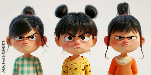 Angry stressed mad three cartoon characters girl kid child teen female person portrait in 3d style design on light background. Human people feelings expression concept