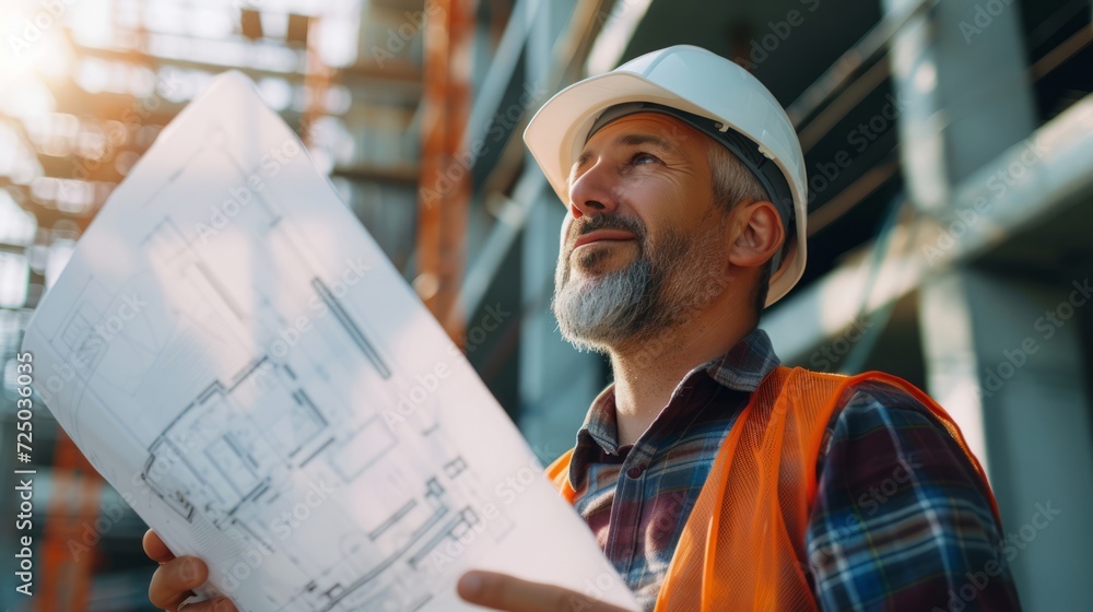 Architect at a construction site, wearing a hard hat Architect at a construction site, wearing a hard hat